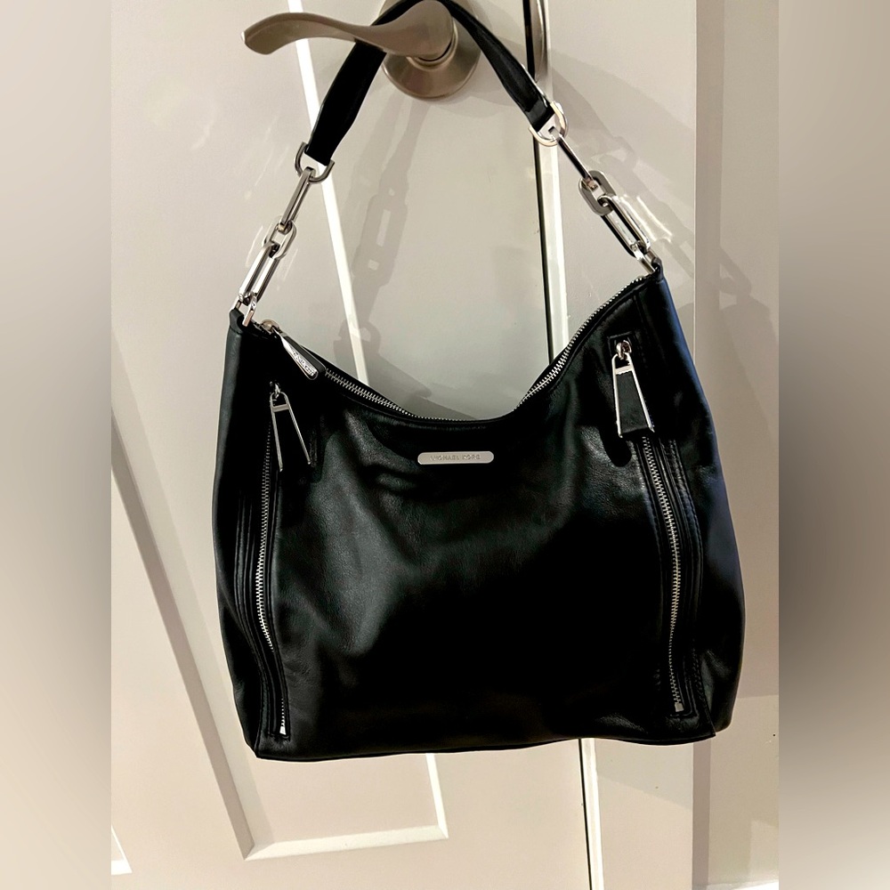 Michael Kors Black Leather Shoulder Bag with Silver Hardware